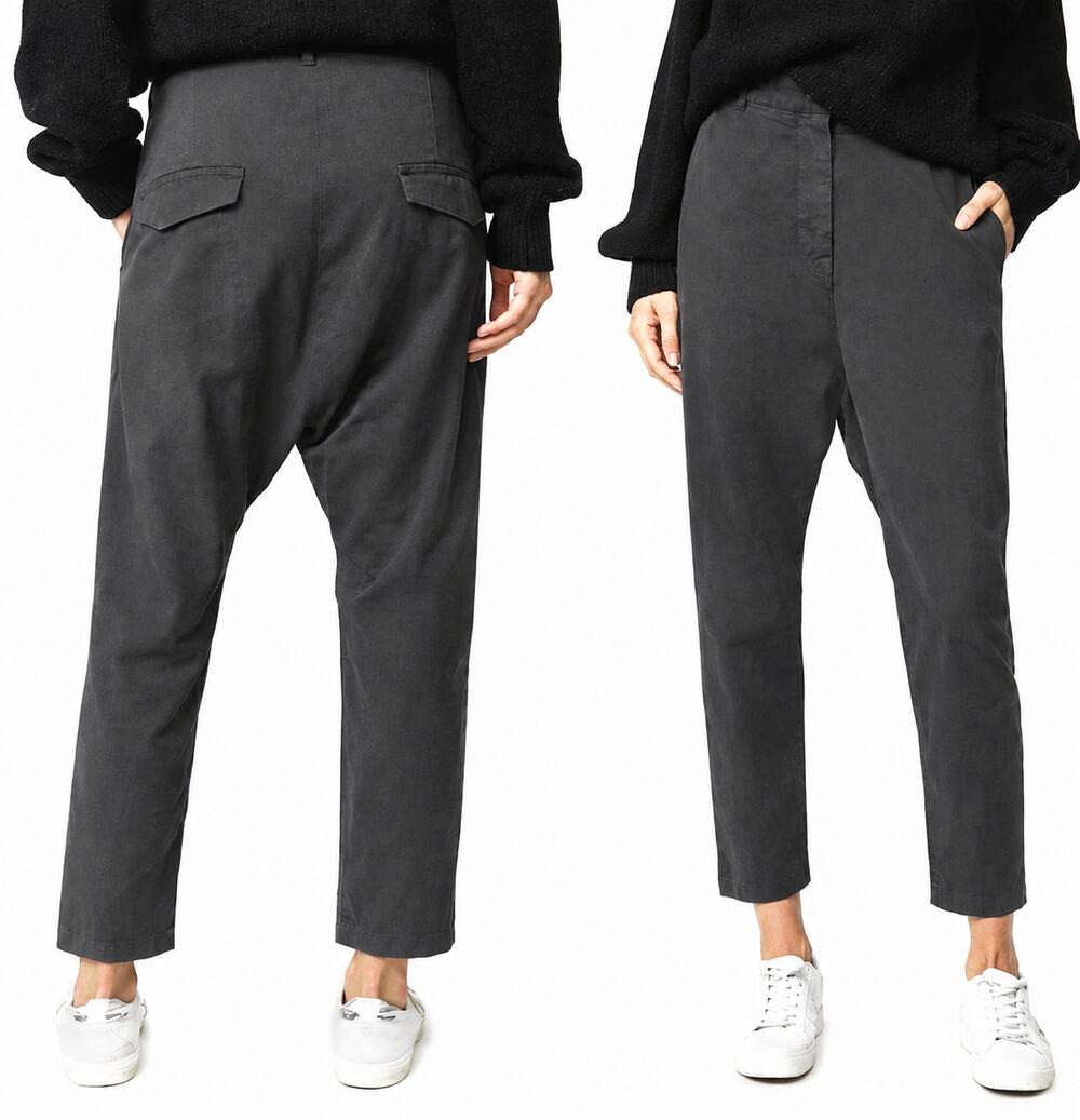 Nili Lotan 6 Slouchy Paris Pants Drop Crotch Cotton Cropped Washed Black Gray